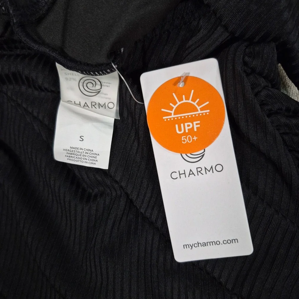 Charmo Maternity One Piece Swimsuit Black Ribbed Ruffle Cutout UPF 50 Size S NWT